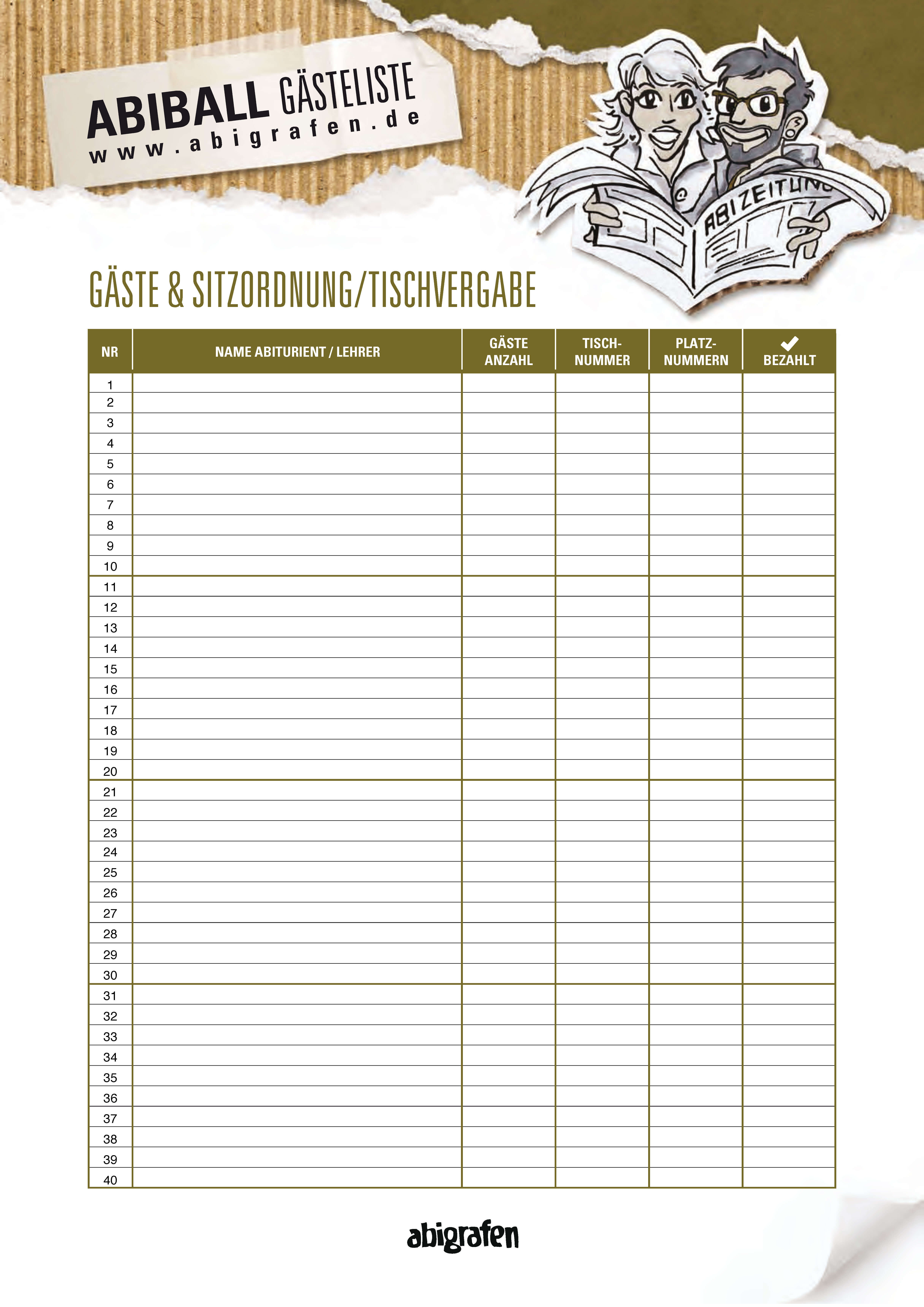 abigrafen.de - Druckvorlage Gästeliste / Sitzordnung / Tischvergabe für den Abiball
