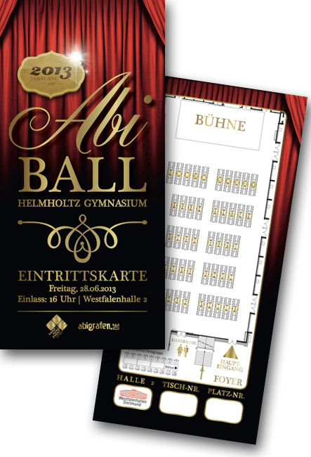 Abiball Eintrittskarten. Ein abigrafen.de-Referenzprojekt. Gestaltet und produziert für den Abiball des Helmholtz-Gymnasiums aus Dortmund
