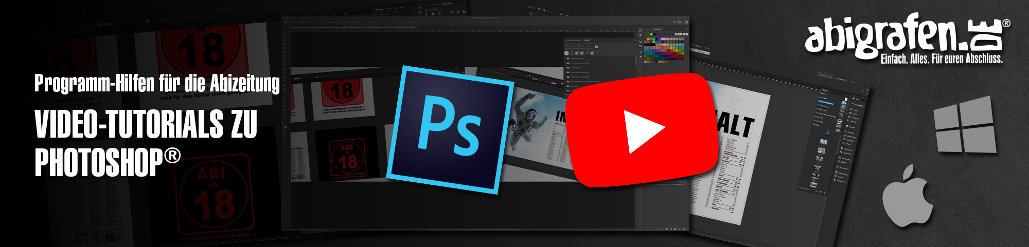 Programmhilfen für die Abizeitung: Video-Tutorials und Anleitungen zu Photoshop für die Erstellung eines Abibuchs / einer Abizeitung auf abigrafen.de®