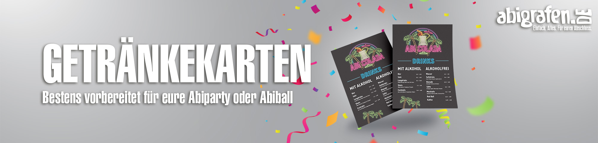 Produktinformationen, Layoutoptionen & Druck von Getränkekarten für Abifeier, Abiball, Abi Party