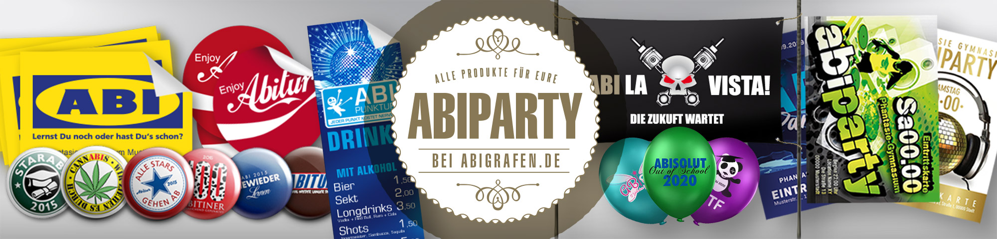 Abishop: Produkte für die Abi-Party drucken (Ballons, Plakate, Getränkekarten, Banner, Hinweisschilder u.v.m.)