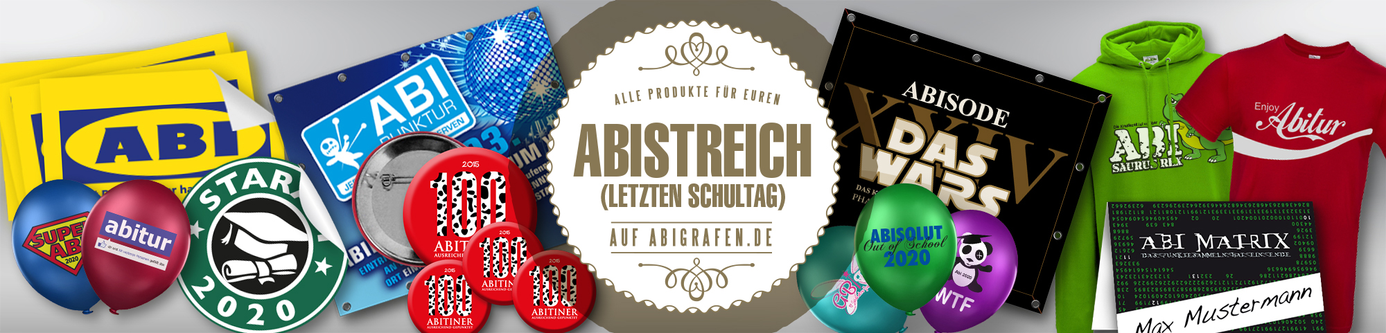 Abishop Produkte für den letzten Schultag (Abigag, Abischerz, Abisturm, Chaostag): Dekorationsartikel, Abschlussshirts & Accessoires bedruckt mit Abilogo